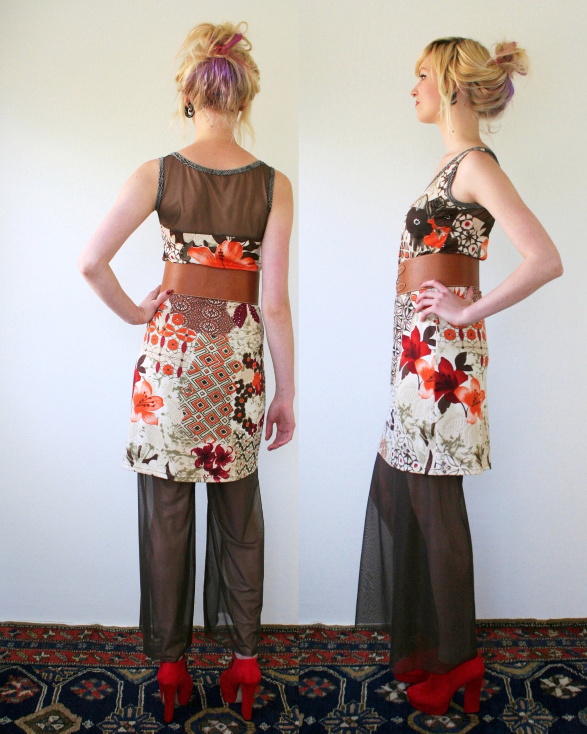 BARA mesh panel dress, metallic brown mesh, floral stretch cotton jersey in brown and orange tones, A shape dress