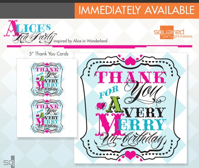 Alice in Wonderland Inspired Tea Party Printable 5" Square Thank You Tag / Note Cards - DIY Print - Alice's Tea Party - Instant Download Il_170x135