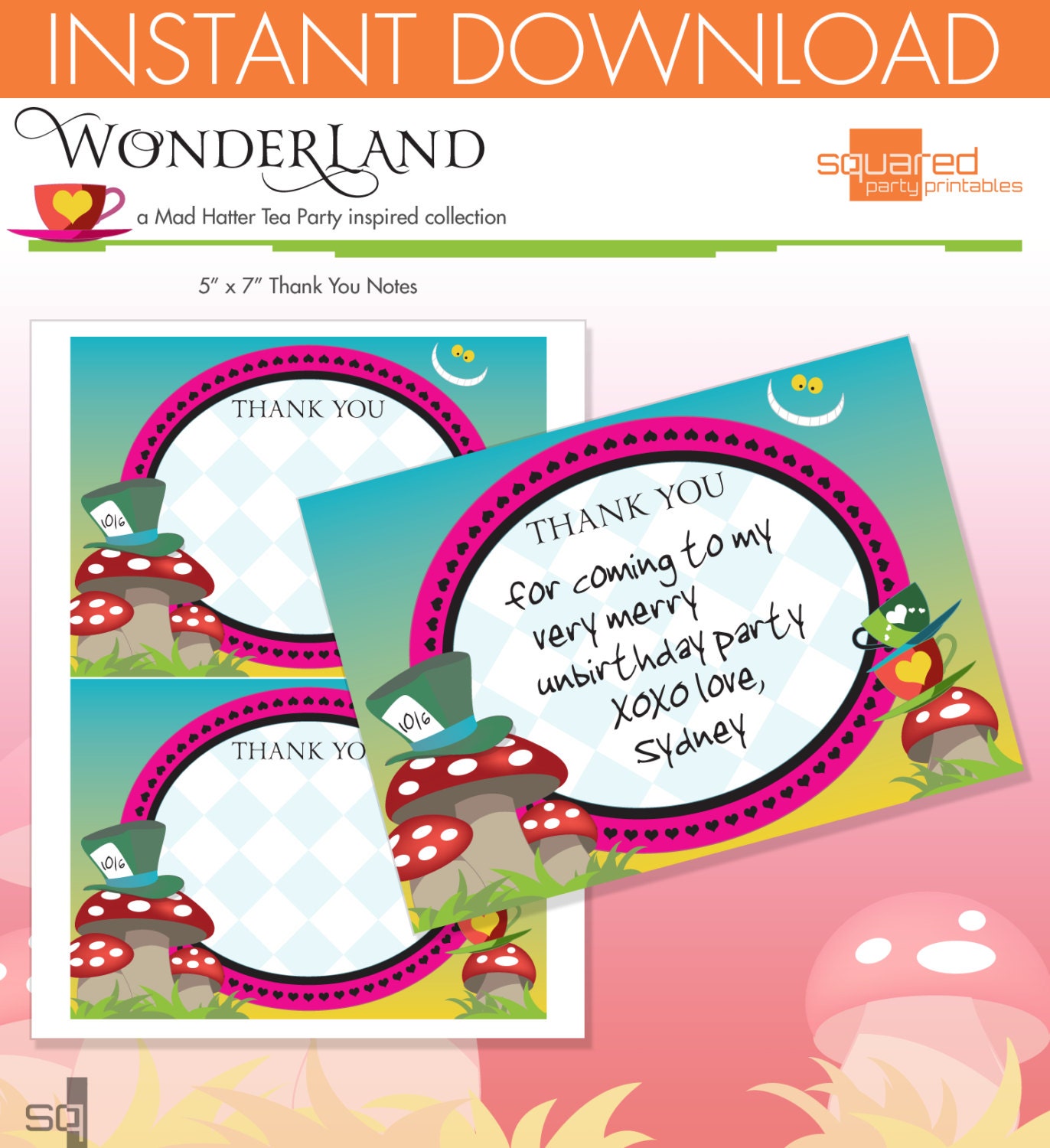 Mad Hatter Tea Party Inspired Printable Thank You Notes - DIY Print - Alice in Wonderland Inspired - Instant Download Il_570xn