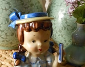 Antique Ceramic Vase/Birthday Candle Holder in Shape of Girl's Head Made in Japan 1940-50s