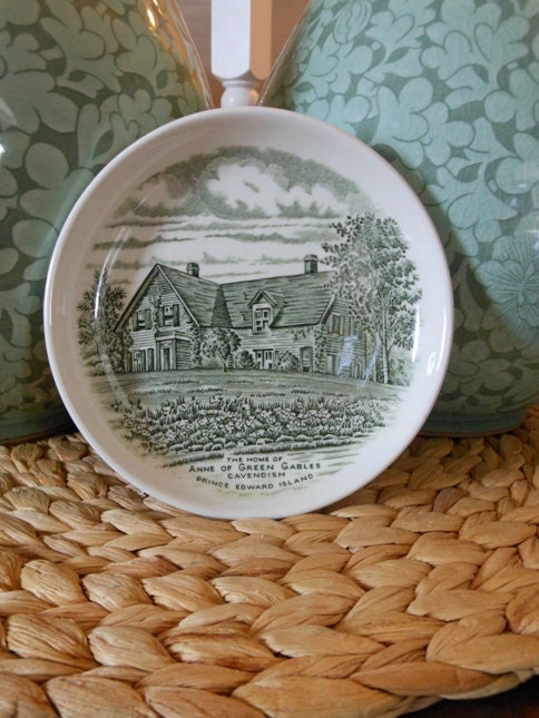VIntage Anne of Green Gables Ceramic Plate in Green Transferware by Burleigh Small Size