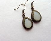 SALE.  Pearly White Jade Brass Teardrop Earrings.