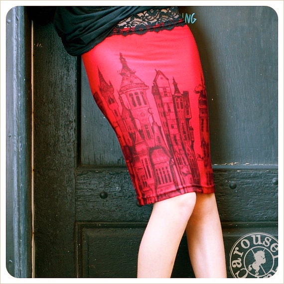 Red Pencil skirt - Victorian print - steampunk  - handmade - Red Mini - SMALL