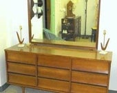 Mid Century Danish Modern Walnut Credenza Sideboard & Mirror Johnson Carper 9 drawer