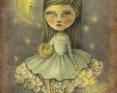 Print of Original Pencil Drawing, With The Stars Above by Amalia K - Sweet, Vintage Inspired Illustration, Nursery Decor, Girls Room Art