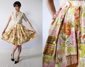 Vintage 1960s Brightly Colored Ship Print High Waisted Pleated Skirt. Size Extra Small / Small