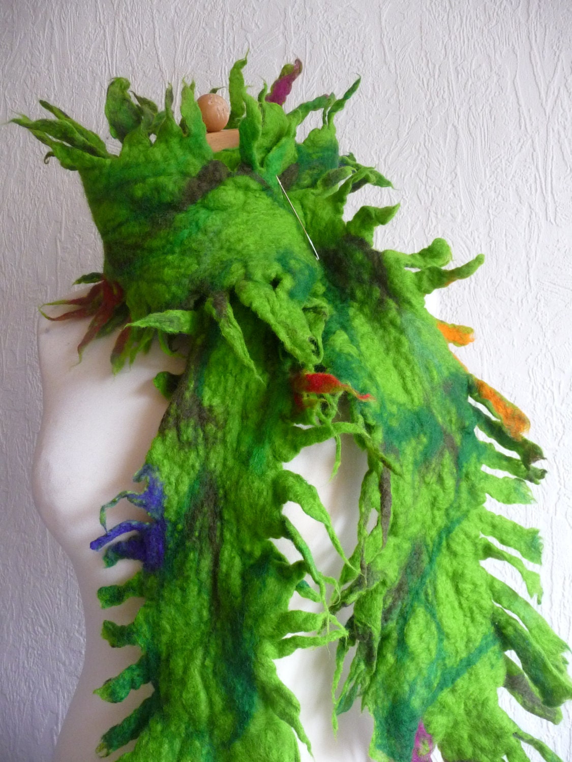 felted scarf , handmade, felt, wrap, green, spiky, lagenlook, READY TO SHIP