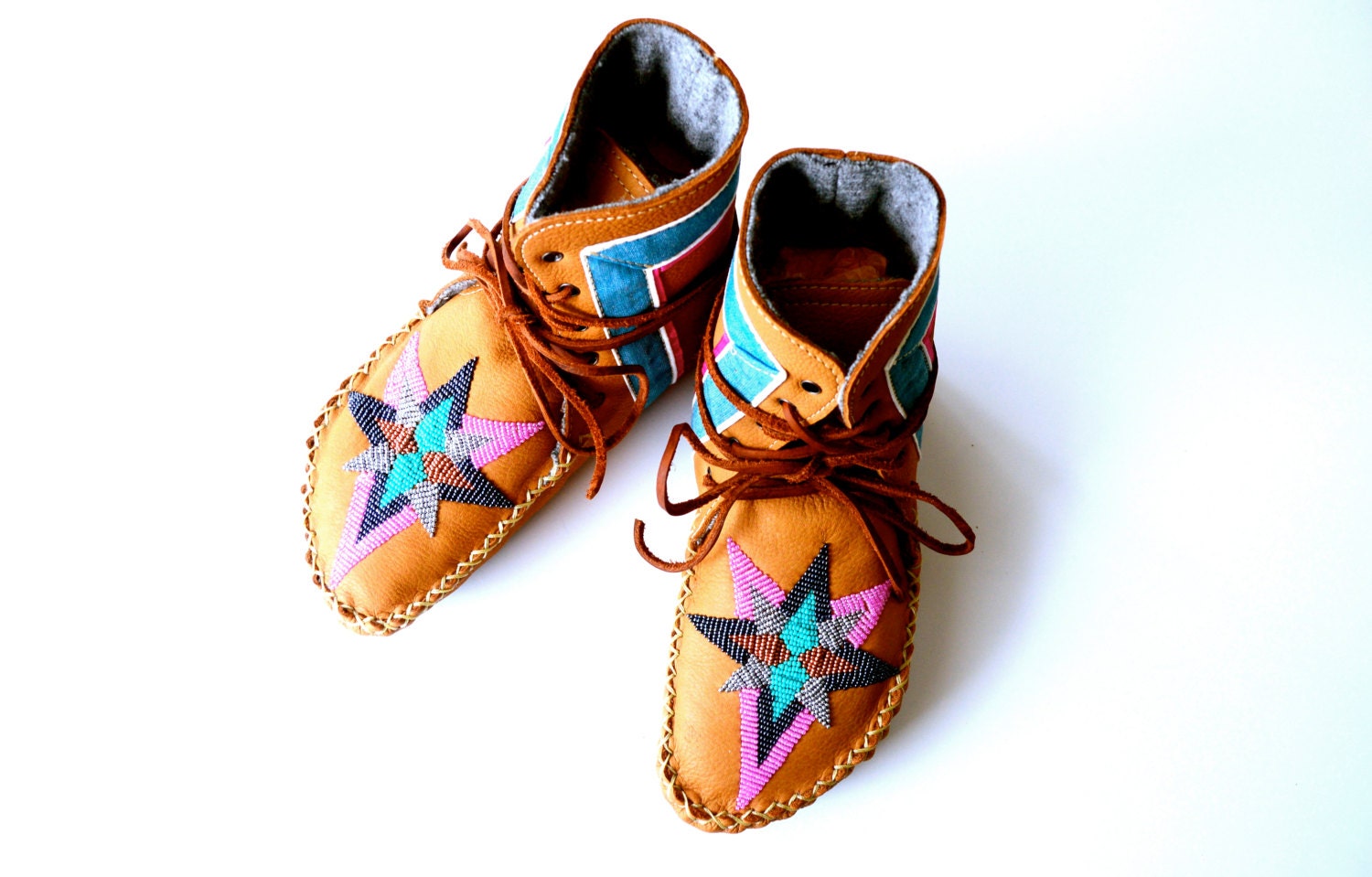 Women's handmade leather beaded wool-lined moccasin winter boots with wool felt insole and crepe rubber sole