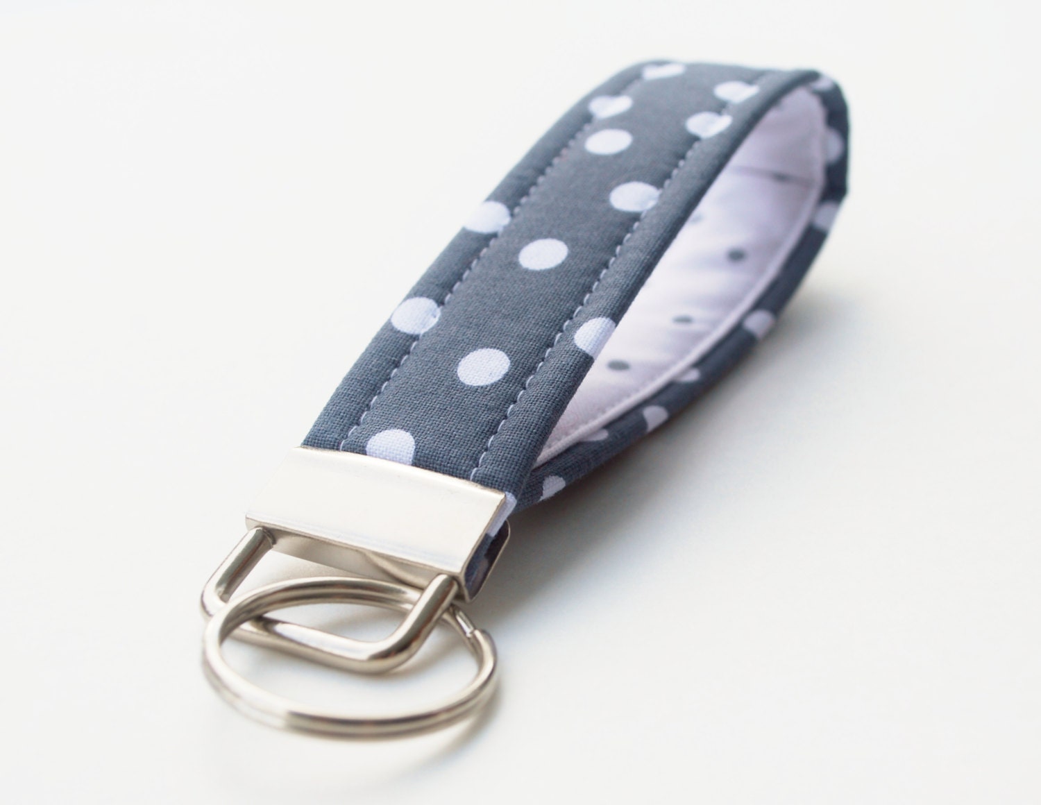 Handmade Key Chain, Charcoal Grey, Polka Dot Fabric Key Fob