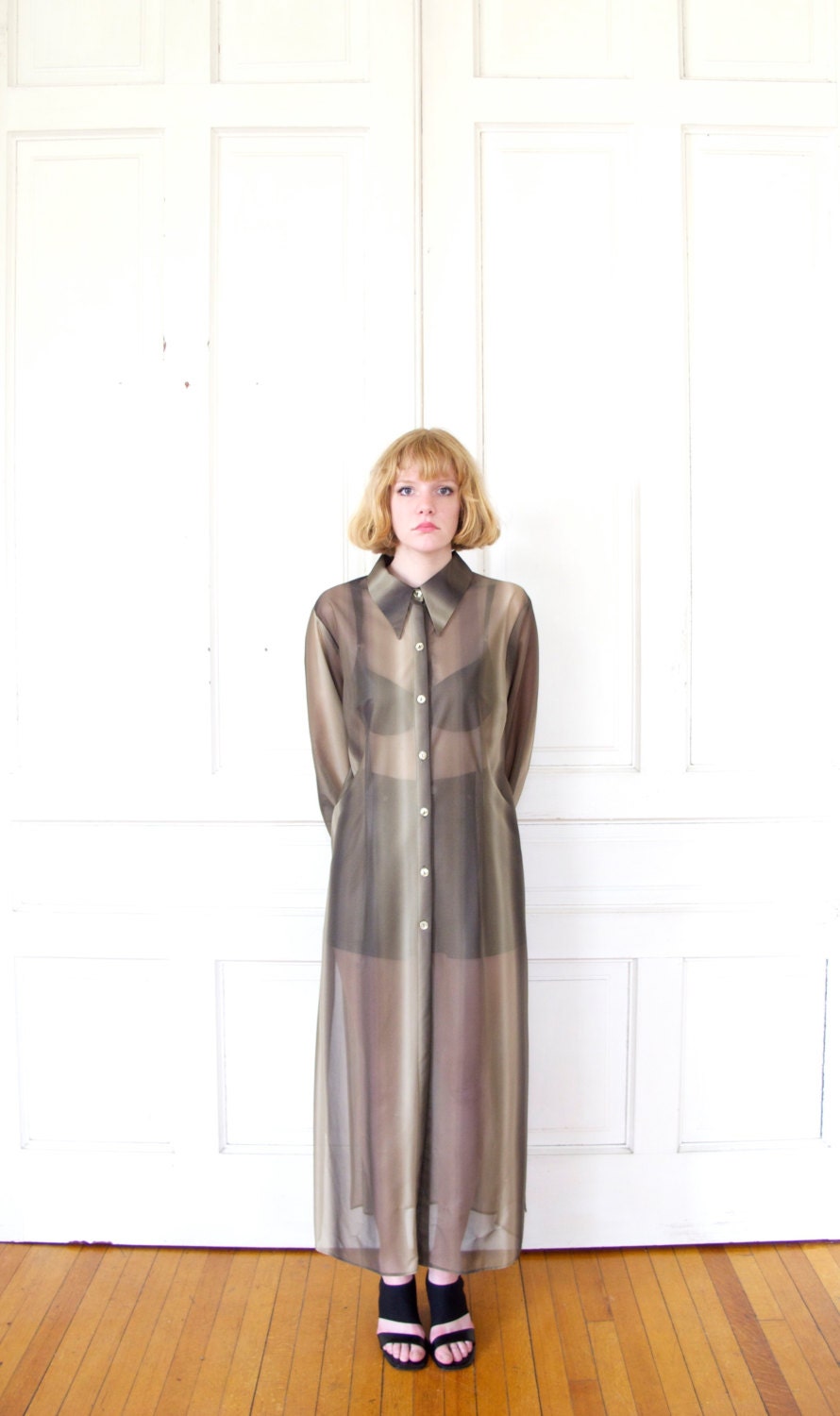 90s Sheer Ombre Tunic Dress / Long Sleeve Button Down Shirt Dress