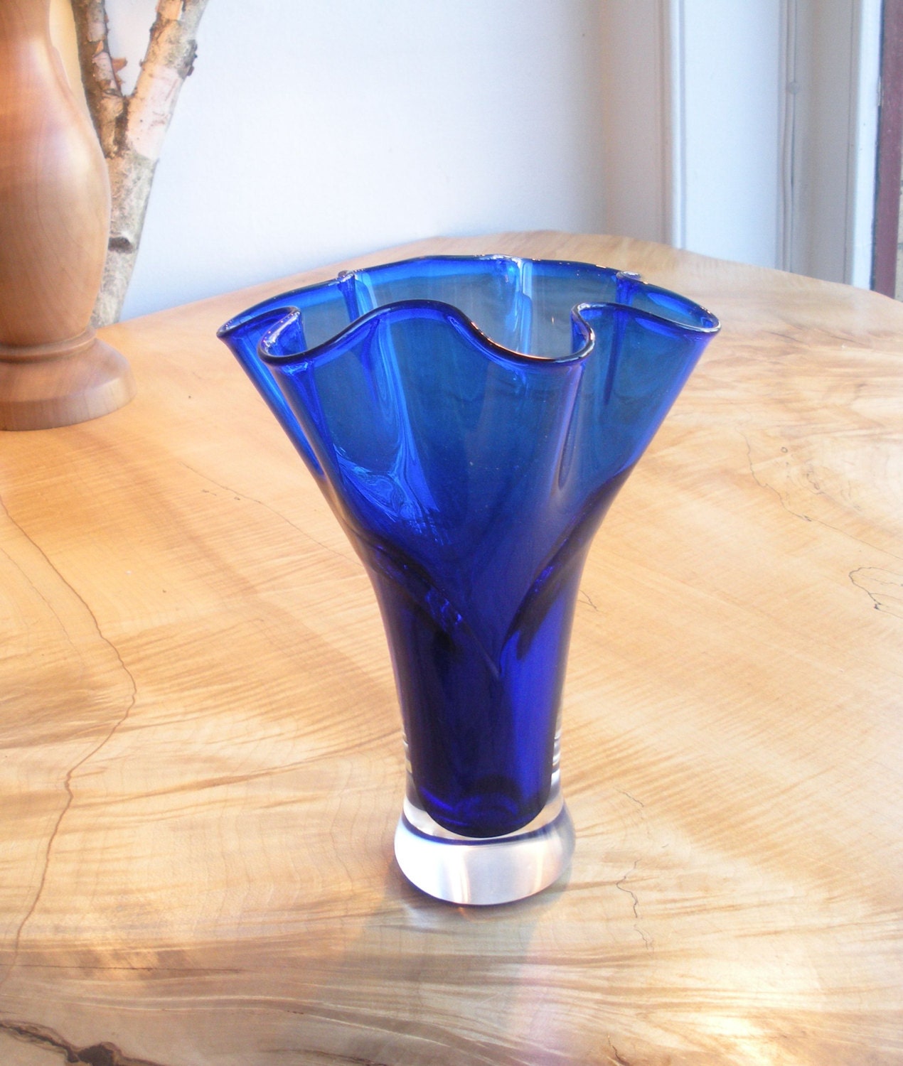 Hand Blown Glass Vase - Cobalt Blue Flower Top Garden Vase by Jonathan Winfisky