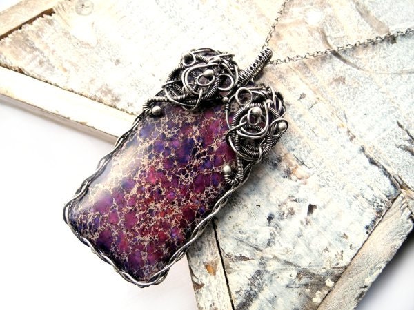 Purple Jasper Necklace - Wire Wrapped Silver Necklace - Statement Violet Necklace- Geometric Braided Luxury Necklace - Galaxy Star Universe