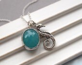 Seahorse necklace, sterling silver, aqua glass jewel, ocean beach jewelry