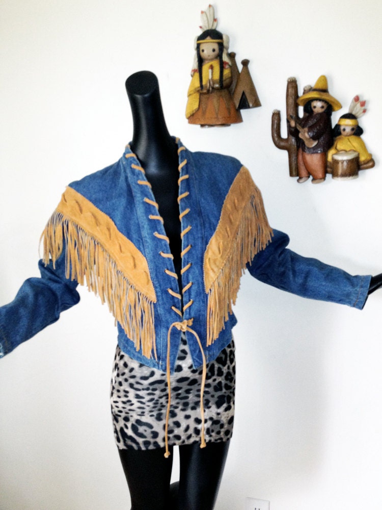 Southwest Southwestern Vintage Denim Jacket Suede Leather Fringe Native American Indian Navajo Style Blue Jean 80s 1980s