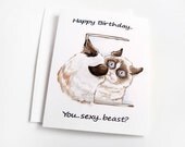 Grumpy Cat Card, Funny Birthday Card, Sexy Beast, Blank Greeting Card, Cat Reflection