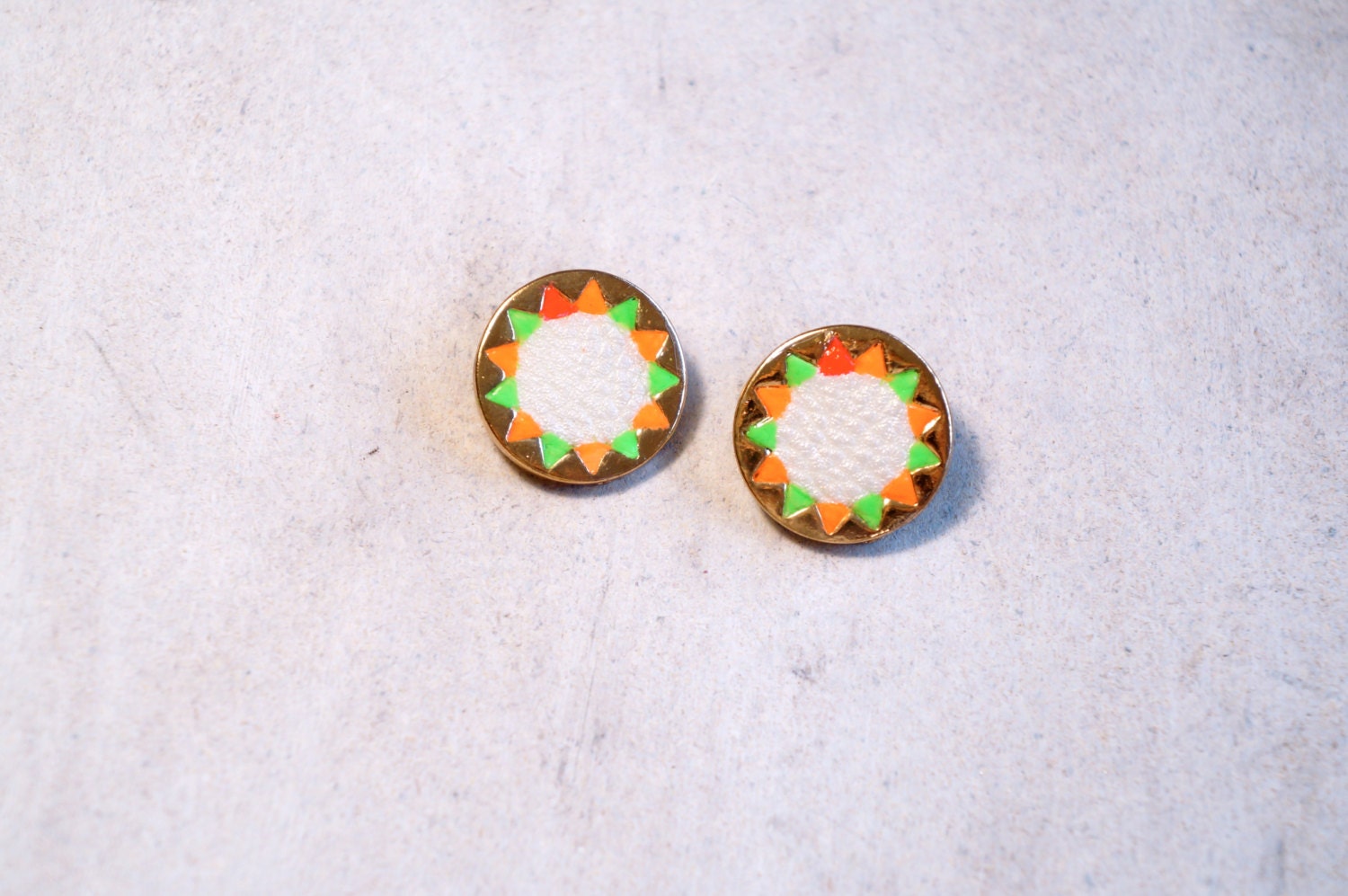 Neon Leather Stud Earrings Hand Painted in Green Orange White
