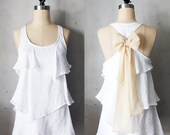 WINTER AURA - Romantic ivory white flowy tier blouse // creamy nude ivory // chiffon sash bow // tunic // tank top // racerback