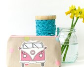 Makeup Bag VW Camper Bus Pink and Polka Dot Cosmetic Purse