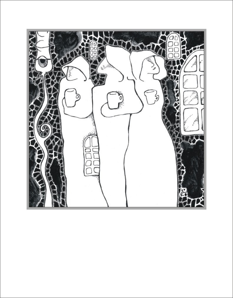 Black and white graphic art print - Coffee drawing - Kitchen art - Fantasy art - Surrealist art