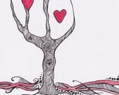 Tree of love - Original tree drawing - Ink drawing - Hearts drawing - Patterned line art - Red, black