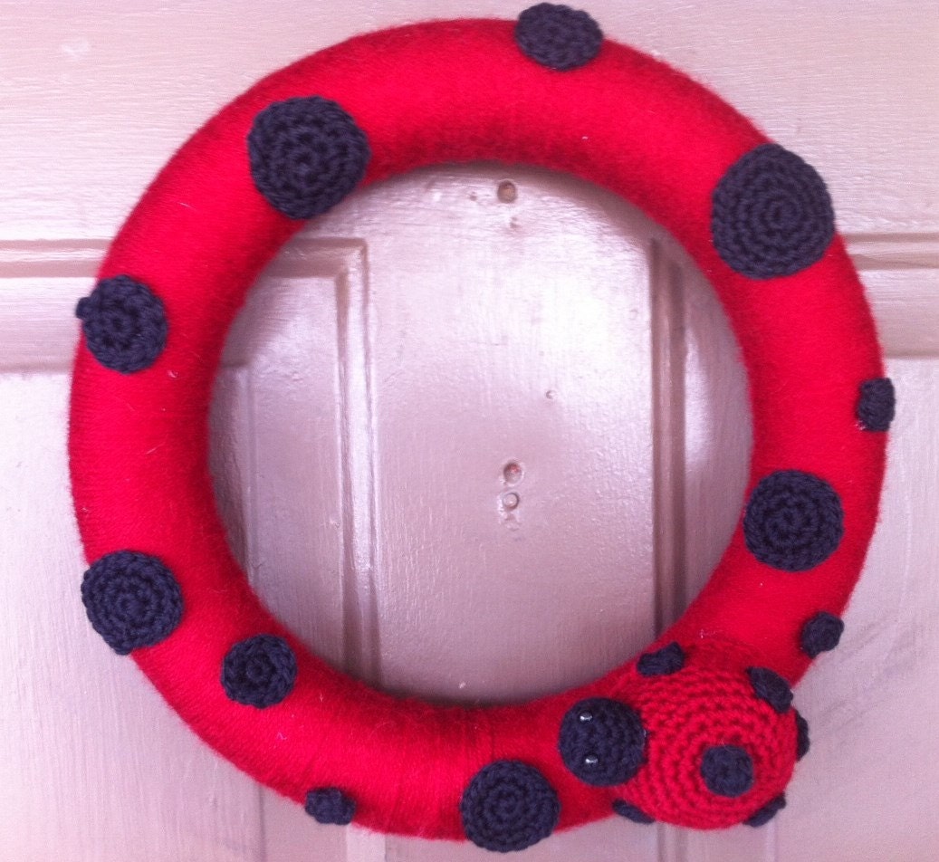 Ladybug Wreath - Yarn Wrapped Wreath - Spring and Summer - Crochet Wreath - Nursey Decor - Ready to Ship - OOAK