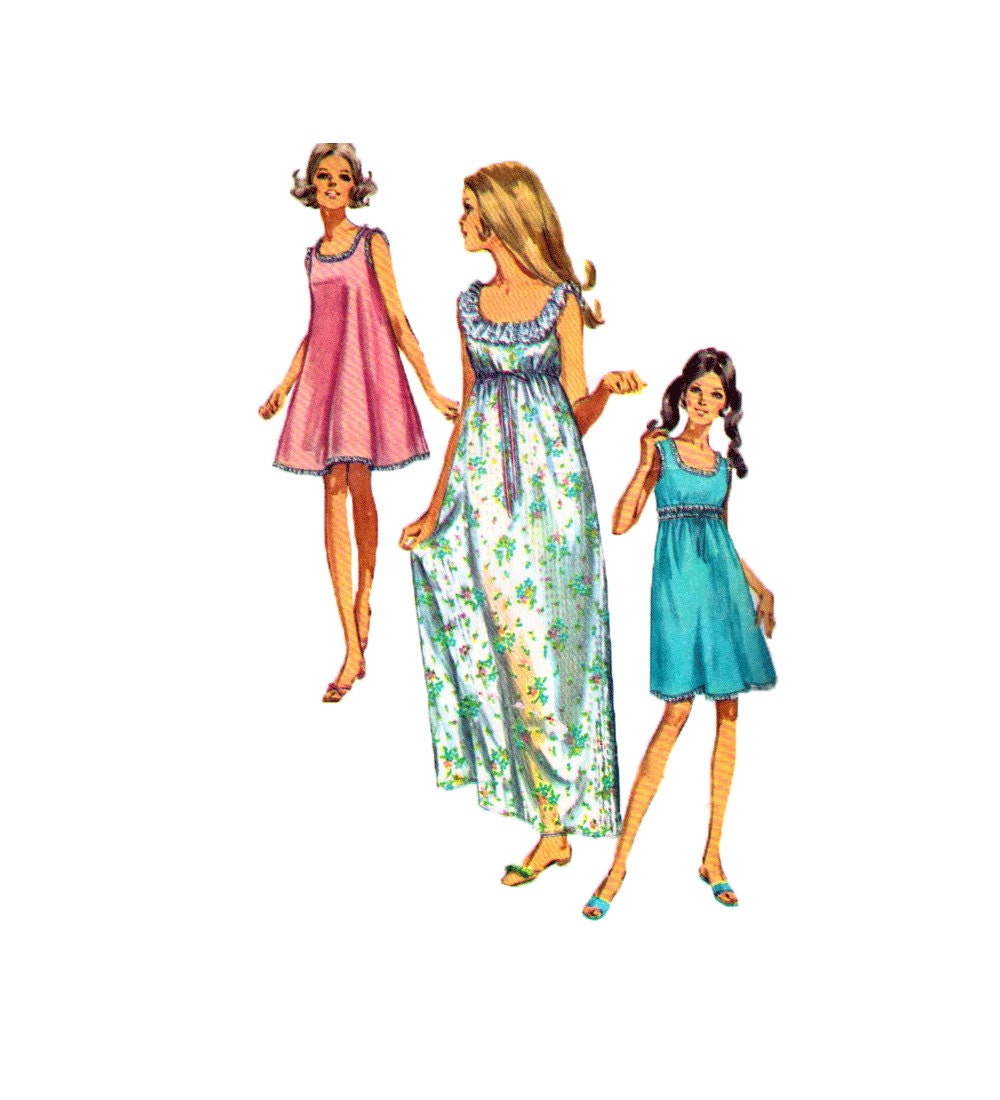 Vintage 60s Empire Waist Nightgown Sewing Pattern  Long or Shortie Size 12-14 Bust 34-36 Simplicity 8252