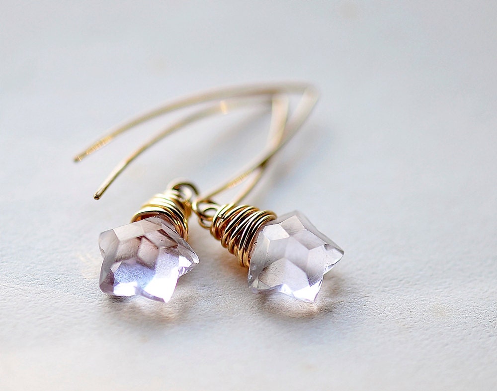 Amethyst Gemstone Dangle Earrings in 14k Gold Fill - February Birthstone Star Lilac Wire Wrap