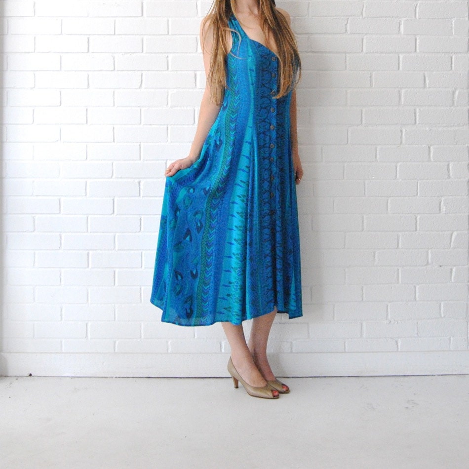 Batik Maxi Sundress  //  Backless Long Boho Flowy Turquoise Blue Dress  //  Bright Sleeveless Button Up Summer Sun Dress