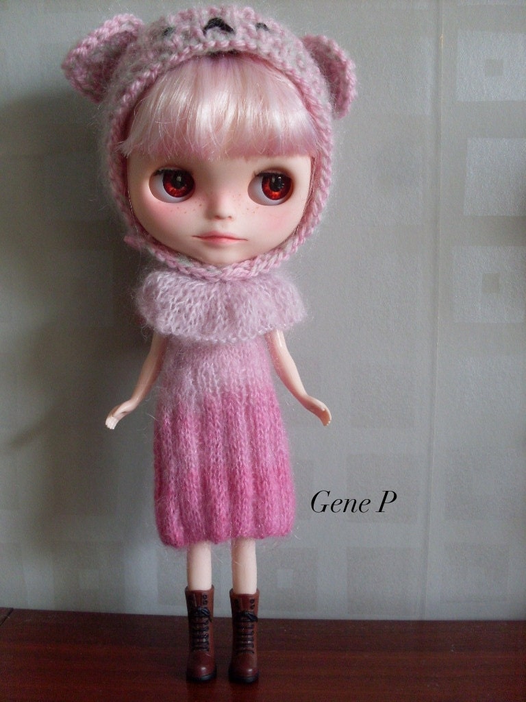 Bear hat kawai cute teddy bear kuma helmet blythe  wool beret hand knitted pink fits  Blythe doll