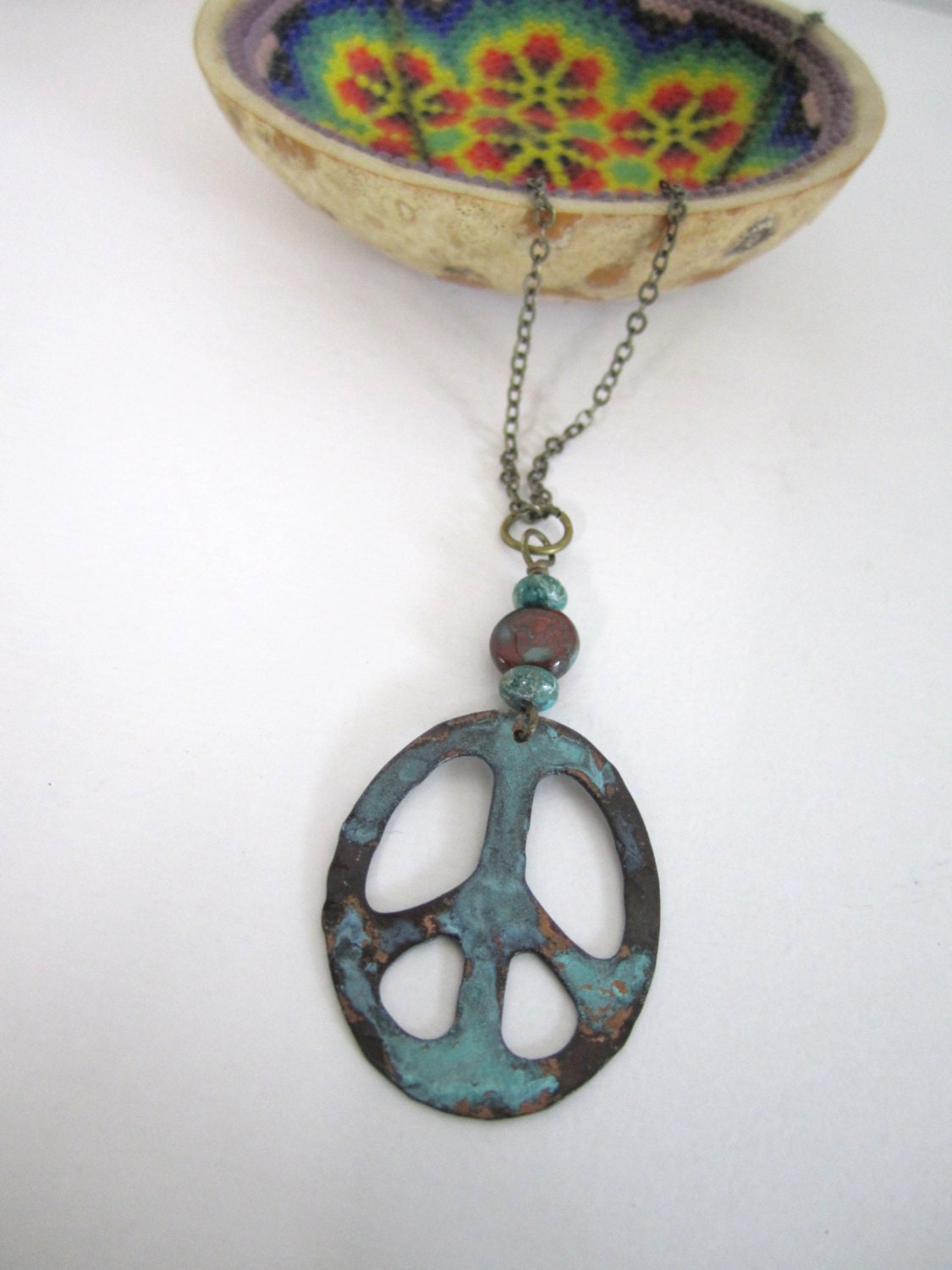 Copper Peace Sign Necklace - Verdigris Patina