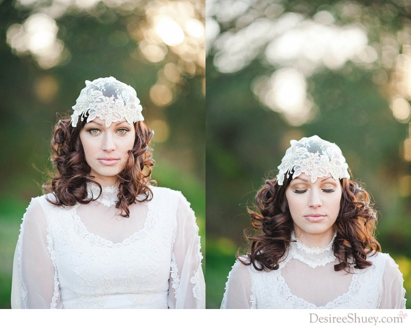 Vintage-Inspired Lace and Pearl Bridal Cap with ivory and gold details