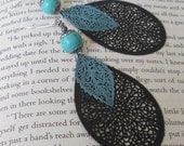 Green Leaf Earrings Nature Inspired Silver Leaf Earrings Filigree Black