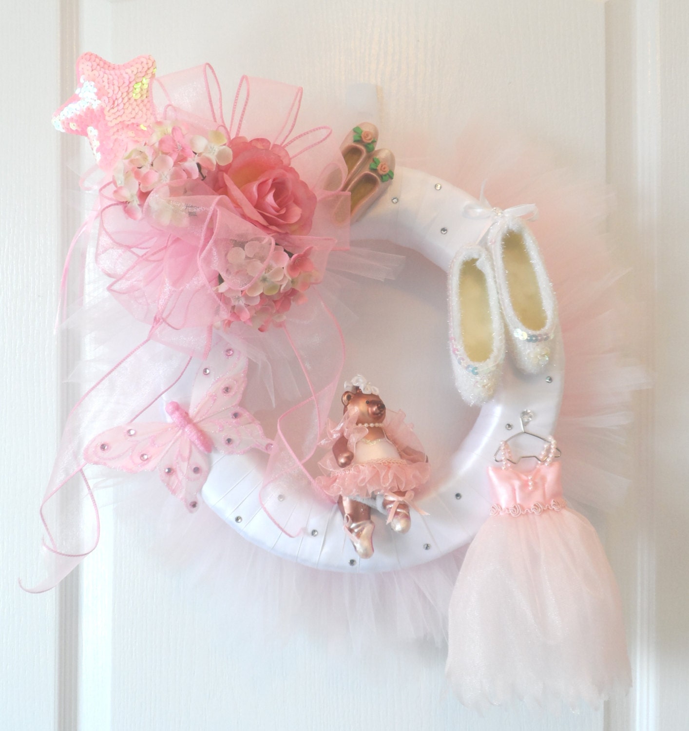 Pink and White Tutu Dance Ballet Wreath with Bear