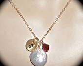 Pearl necklace - Freshwater - personalized - Hand stamped - initial - Gold - Choice of Birthstone crystal-  Bridal jewelry- gift -