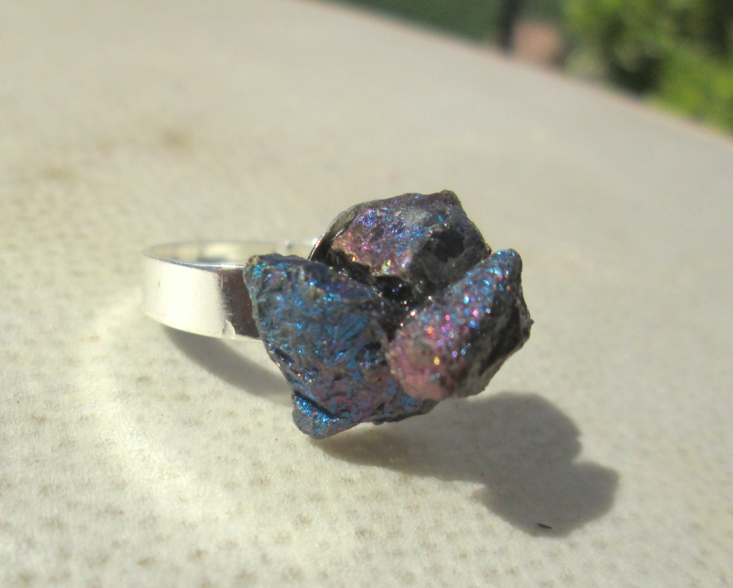 Peacock Ore Chalcopyrite Adjustable Finger Ring - Bornite / Silver Plated - 003