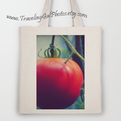 NEW Canvas Tote bag kitchen photography food photo summer red juicy lush tomatoes green leaves plant 100% recycled cotton