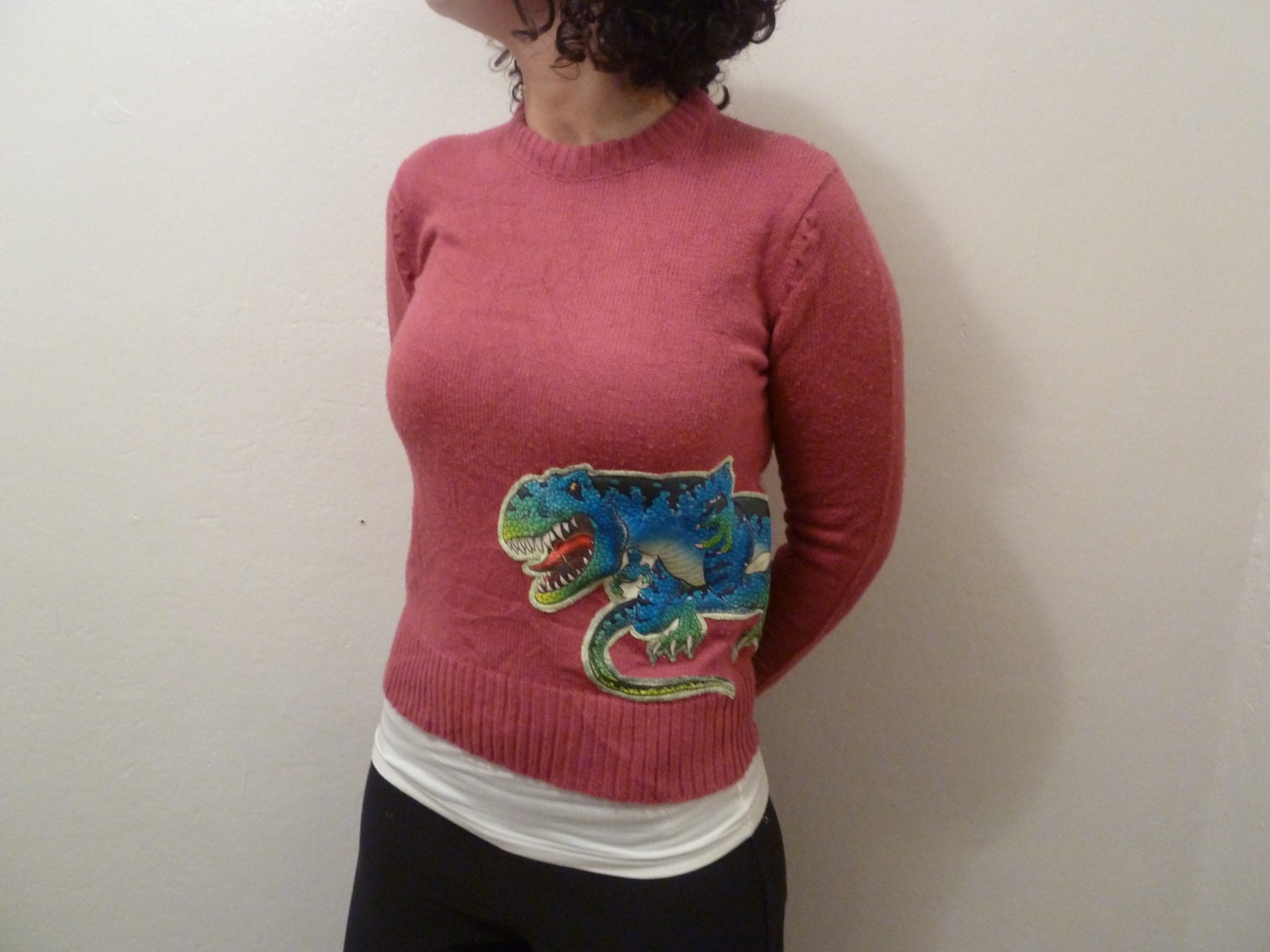 Pink Sweater With Badass T-rex Applique (ladies small, ooak)