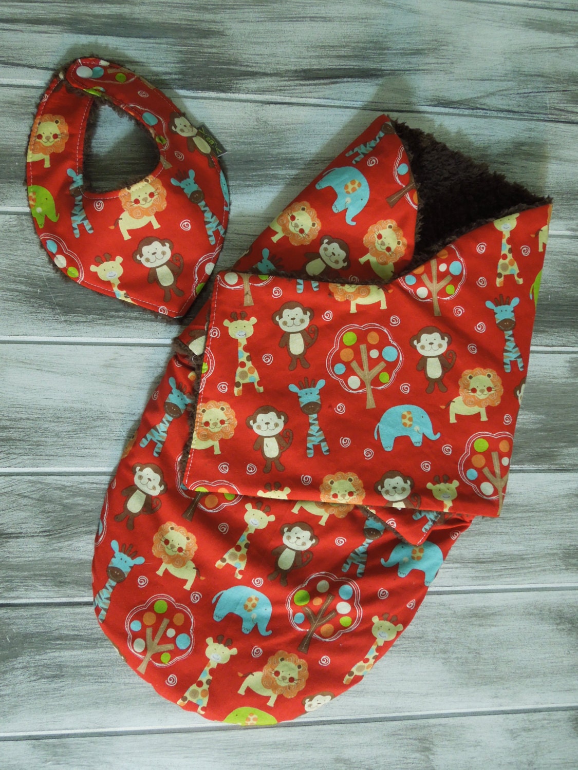the PEANUT POD baby swaddle and hanky bib - a wrap blanket swaddler -  Soft Warm & Cozy - Ready To Ship - red jungle zoo animals