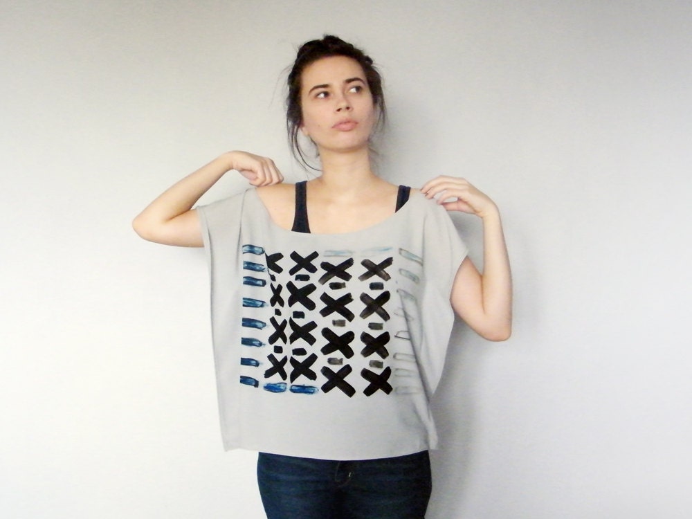 Black Cross Symmetry - Minimalist Printed Sheer Gray Blouse Tunic Top Oversized Faded Ombre Black Blue Geometric Abstract Zen Shirt Tee