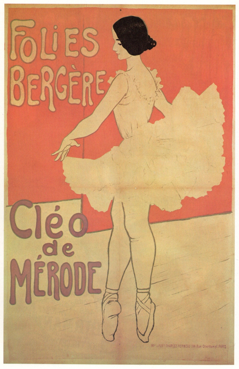 Folies-Bergere. Vintage French Poster. 9" x 14" Ballet Dancer.