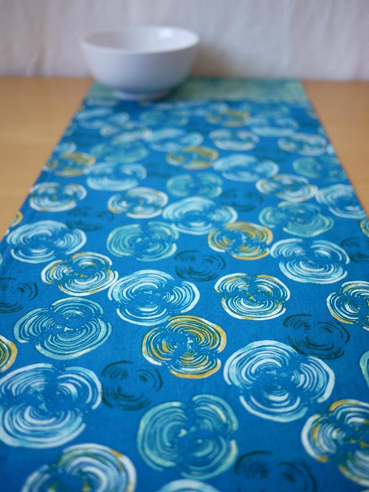 Blue Lichen Print Cotton Runner - 12"x54" - Housewarming Gift, Holiday Gift, Wedding Gift