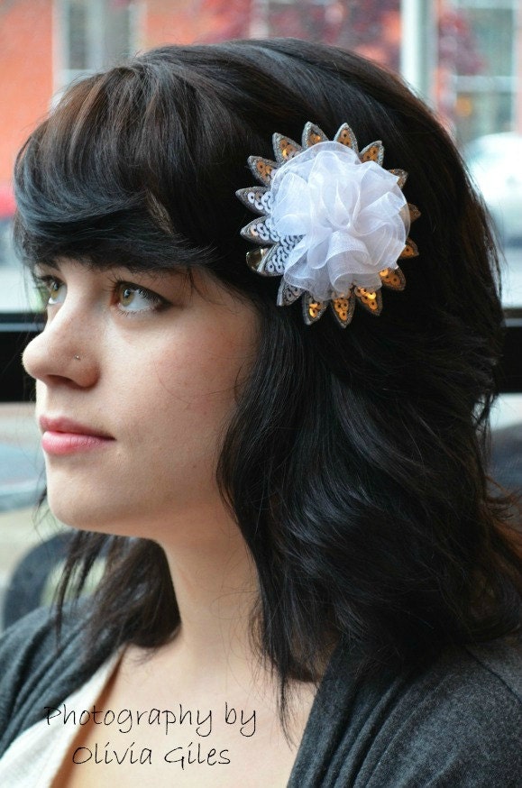 Silver Flower Hair Clip, Hat Clip, Scarf Pin, Womens Hair Clip, Handmade, Ready to Ship, White Ribbon Flower Clip