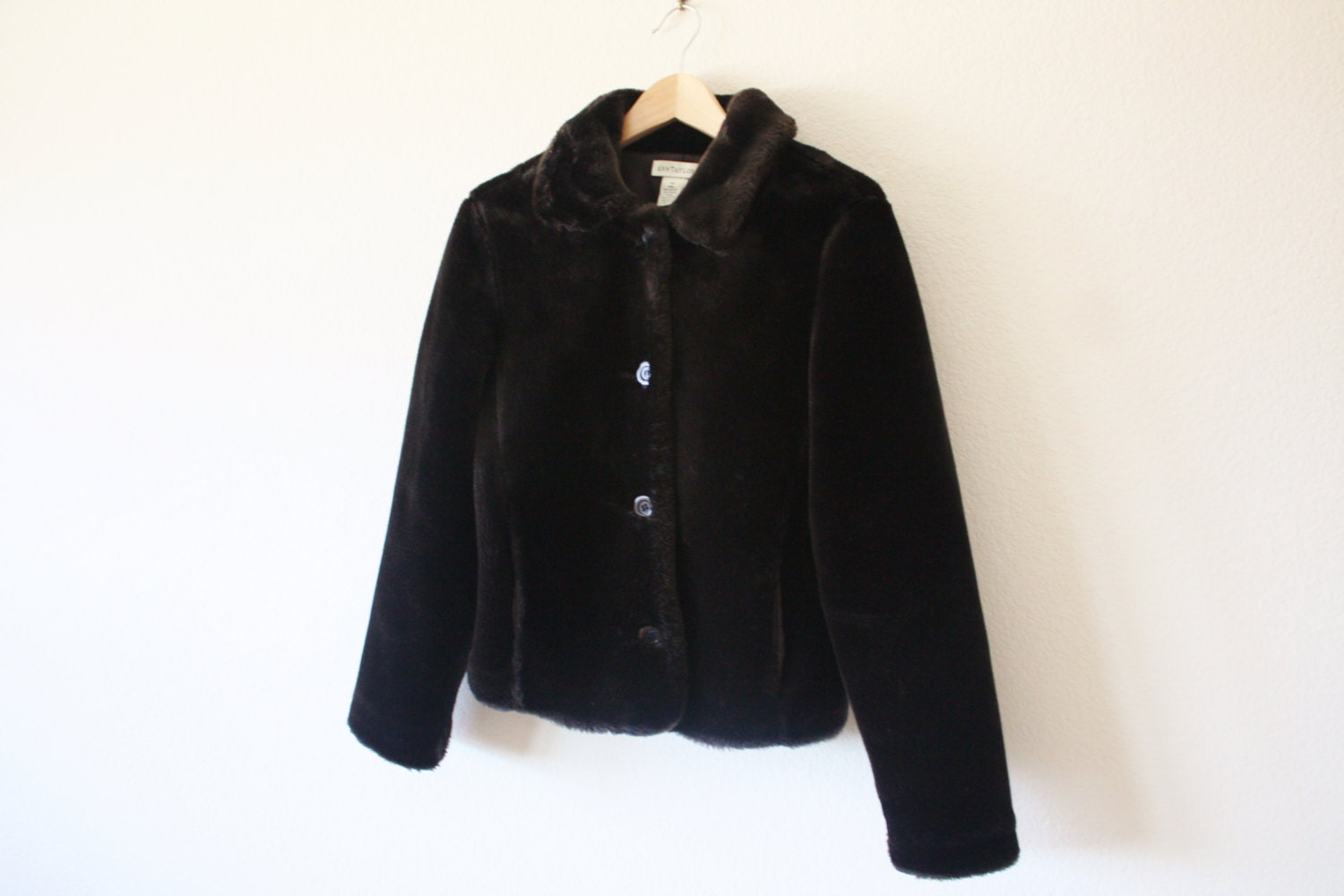 Vintage 1990s Faux Fur Black Ann Taylor Button Coat