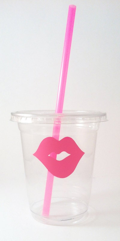 24 Pink Kisses Disposable Party Cups, Lids & Plastic Straws - Pink Lips - Gender Reveal Party - Baby Shower - 12 oz or 16 oz Il_170x135
