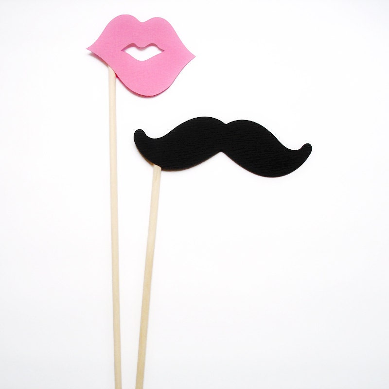 24 Mustache and Lips on a Stick Photo Booth Props Black Mustaches and Pink Lips - Gender Reveal Party Il_570xn