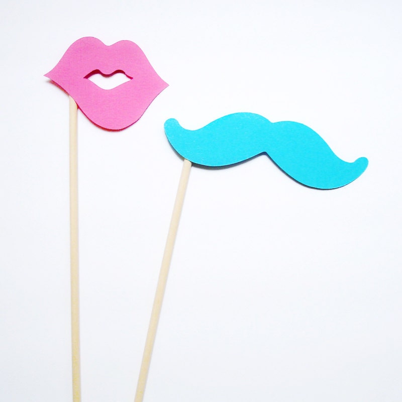 24 Mustache and Lips on a Stick Photo Booth Props Blue Mustaches and Pink Lips - Gender Reveal Party Il_570xn