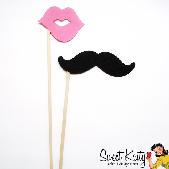 24 Mustache and Lips on a Stick - Photo Booth Props - Black Mustaches and Pink Lips - Gender Reveal Party - Wedding Il_570xn