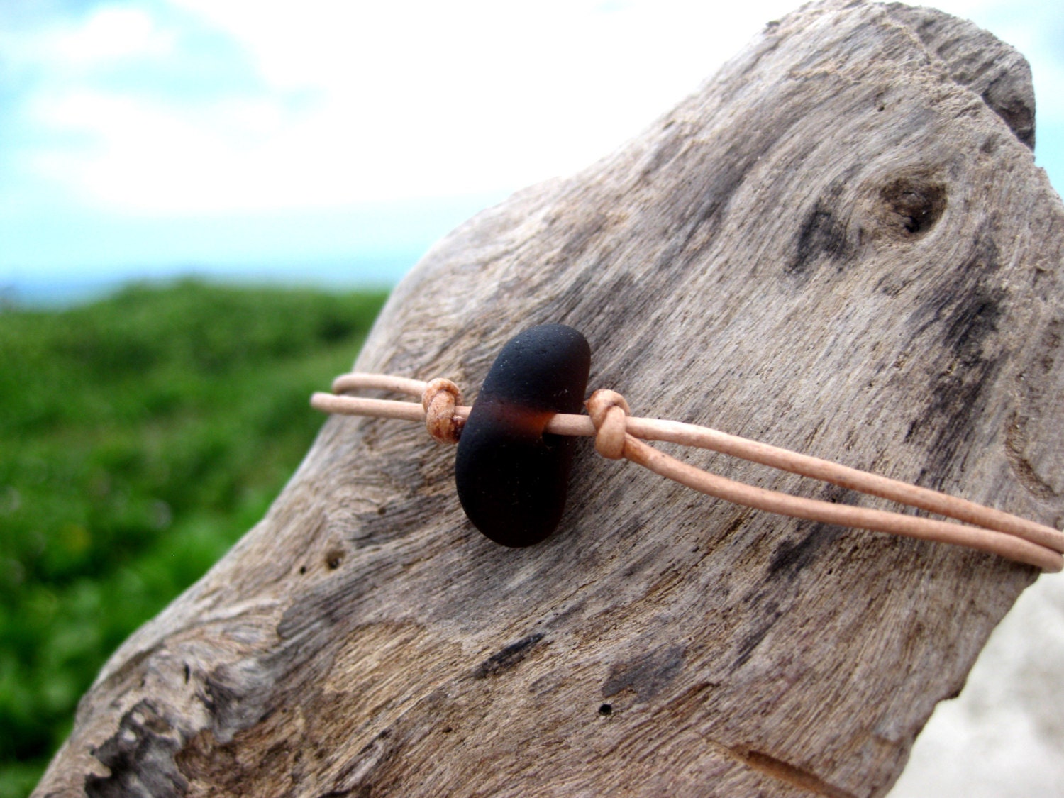 Hawaiian Dark Amber Brown Beach Glass on India Leather Cord Completely Adjustable & Stackable Bracelet