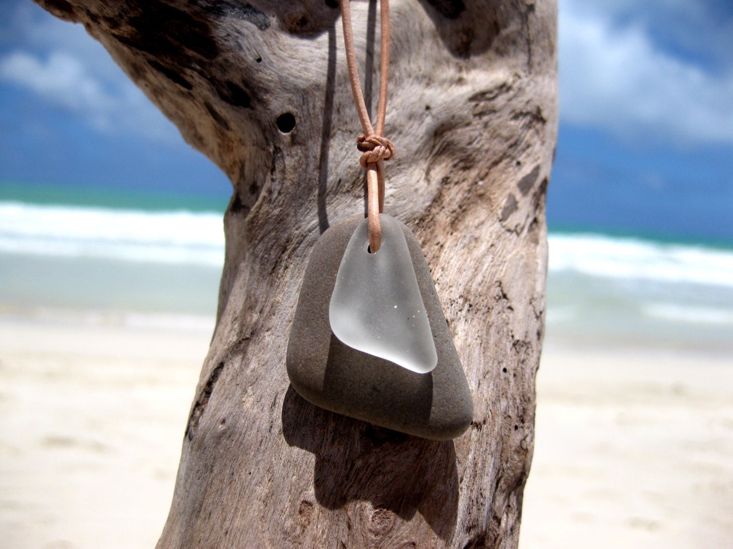 Hawaiian Triangular Beach Stone & Clear Beach Glass on India Leather Necklace - Unisex