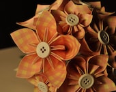 VALENTINES SALE - 10% OFF - Pink/Yellow Plaid Patterned w/ White Buttons Origami Paper Flower Bouquet - Wedding, Bridal, Dozen, Set of 12